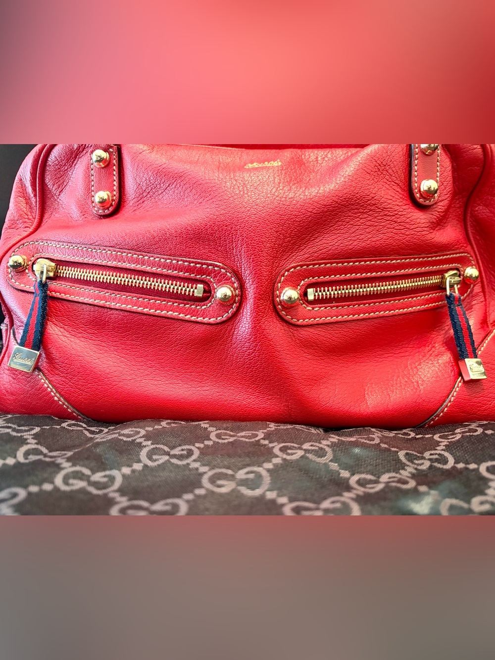 Gucci Red Leather Shoulder Bag with Gold-Tone Chain Straps - Picture 6 of 13